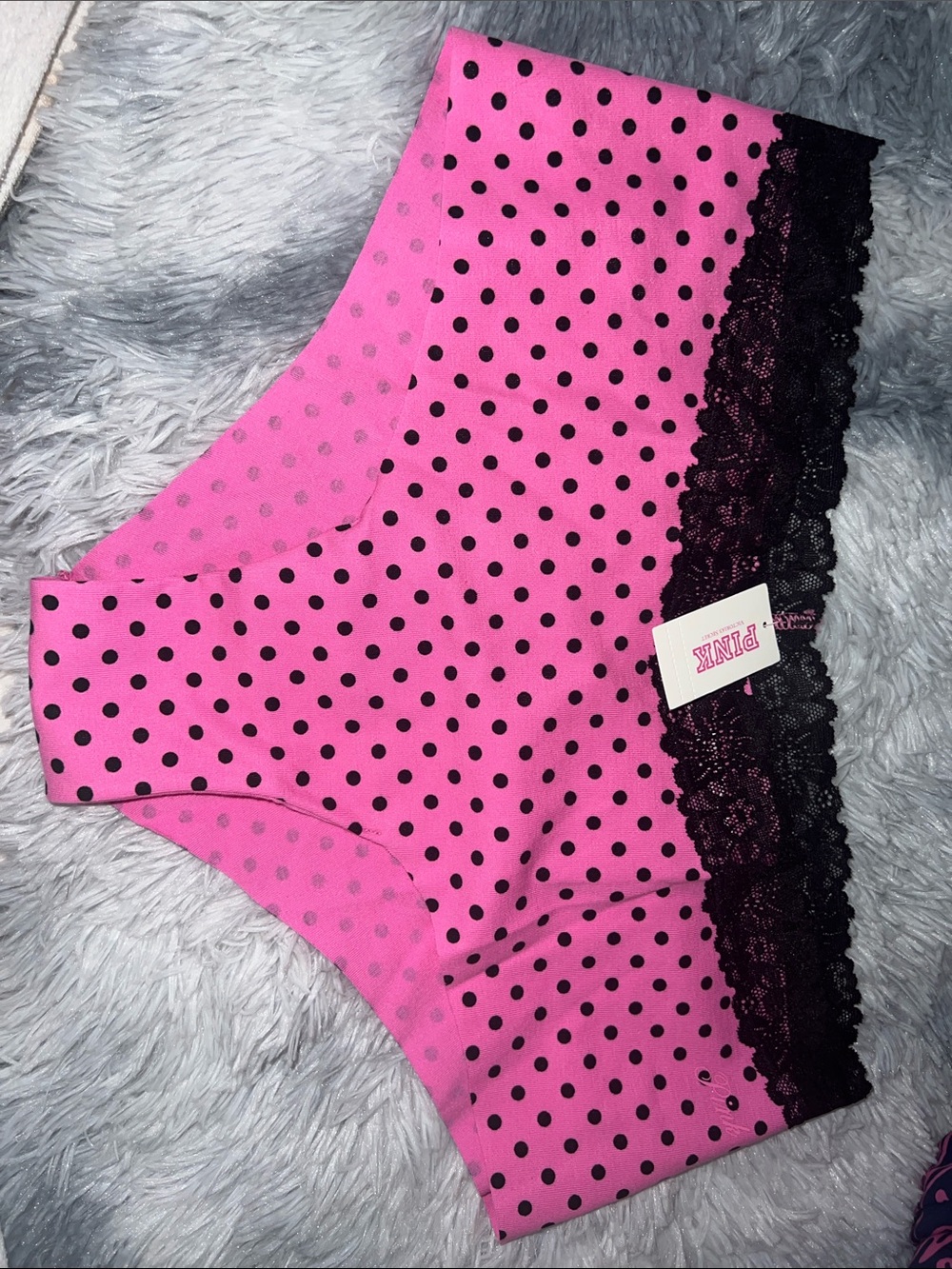 NWT/NNW PINK Victoria's Secret Hot Pink& Black Polka Dot Lace-Trim Cheeky Large